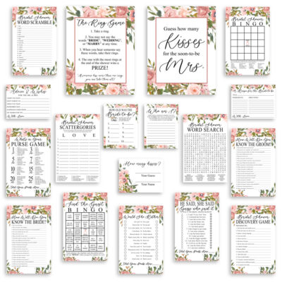 Blush Green Printable Bridal Shower Games Bundle Flatlay