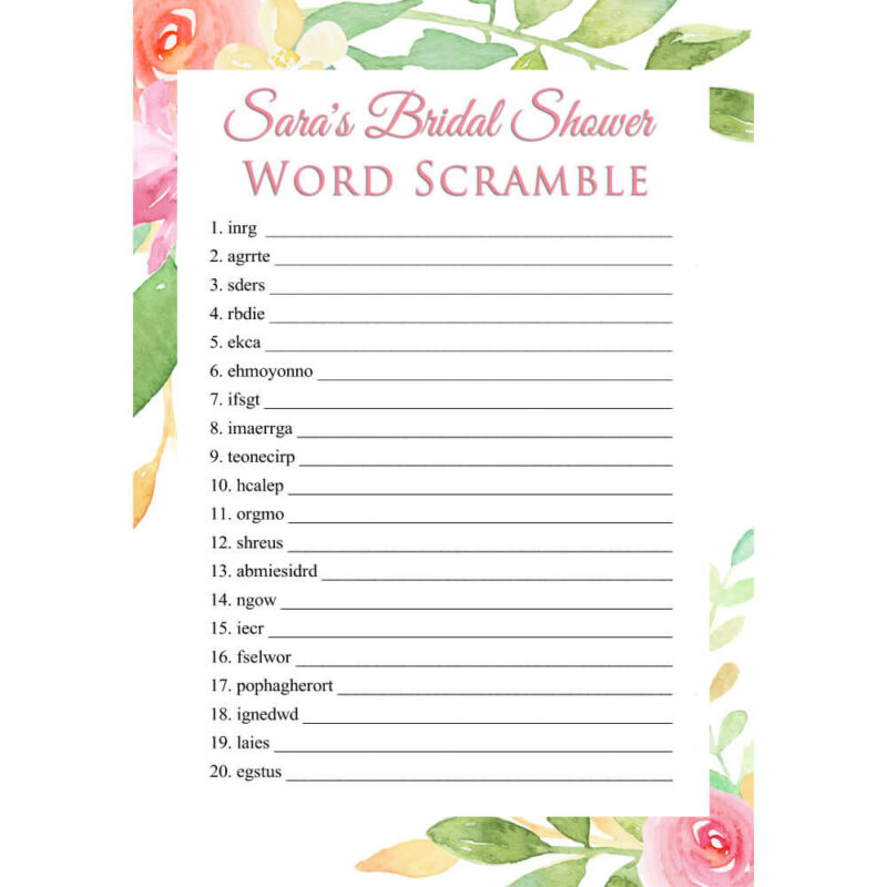 Personalized Printable Bridal Shower Word Scramble - Floral