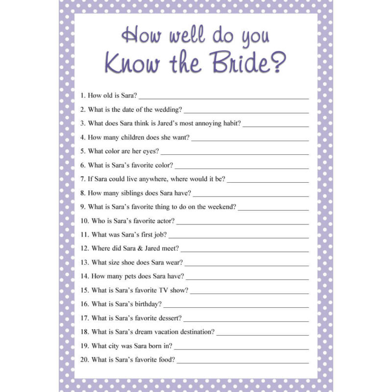Personalized Printable How Well Do You Know The Bride Game - Polka Dots