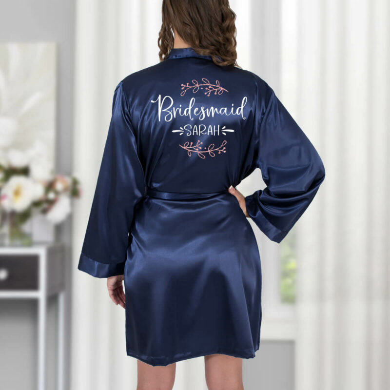 Bridesmaid Satin Robe with Name and Branches - Lifestyle