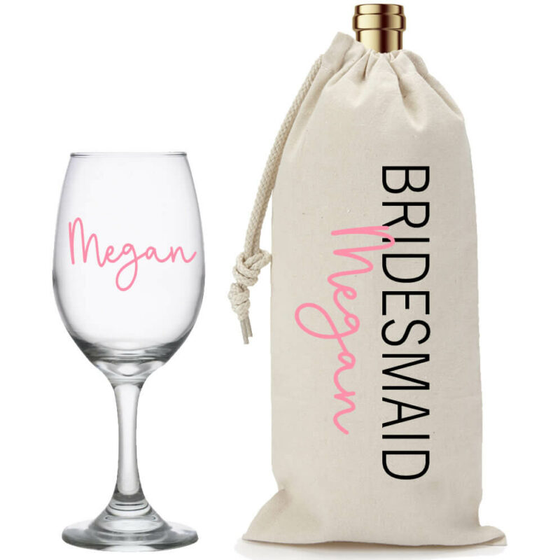 Bridesmaid Wine Bag and Wine Glass Set with Name