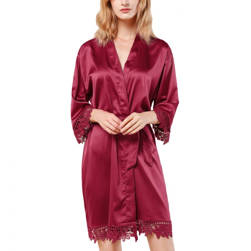 Burgundy Lace Satin Robe Front