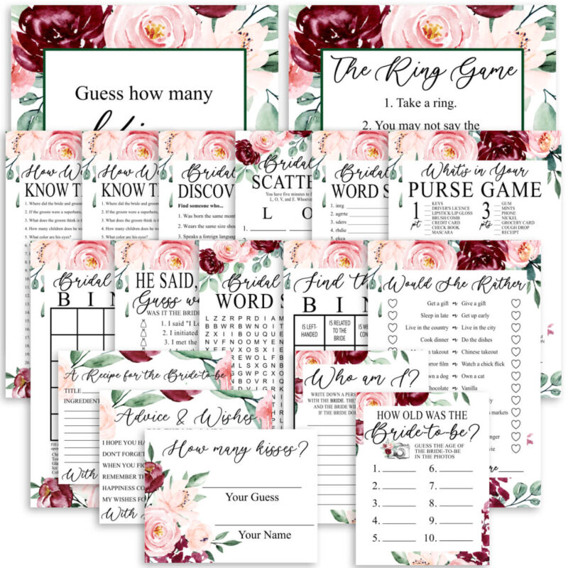 Burgundy Blush Floral Printable Bridal Shower Games Bundle
