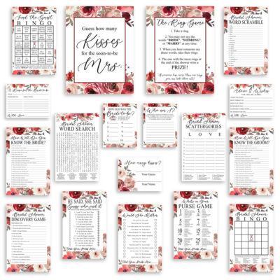 Burgundy Floral Printable Bridal Shower Games Flatlay