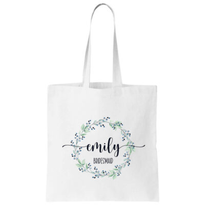 Bridal Party Canvas Tote Bag with Name & Wreath