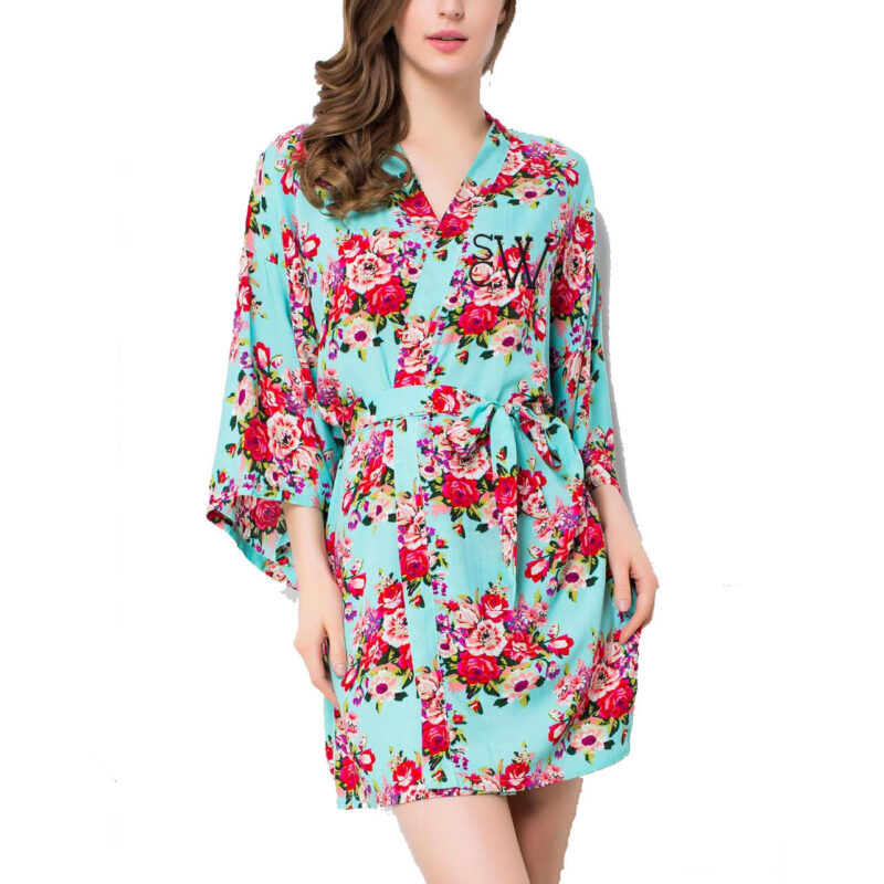 Embroidered Silky Cotton Floral Robe with Modern Monogram