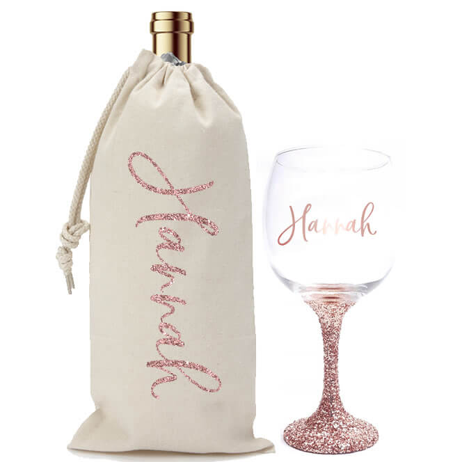 Glitter Wine Glass & Wine Bag Set with Name