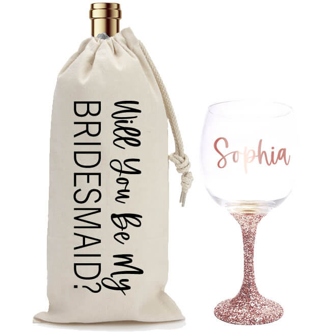 Will You Be My Bridesmaid? Glitter Wine Glass & Wine Bag Set