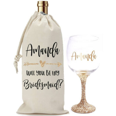 "Will You Be My Bridesmaid?" Glitter Wine Glass & Wine Bag Set with Arrow