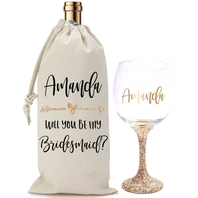 Will You Be My Bridesmaid? Glitter Wine Glass & Wine Bag Set