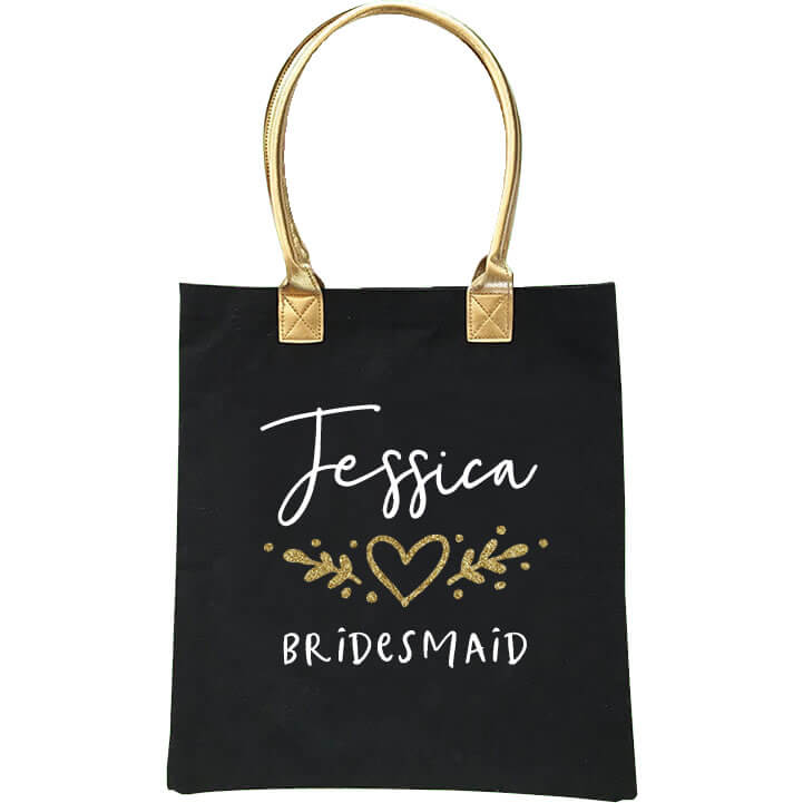 Gold Handle Bridal Party Tote Bag with Heart Laurel