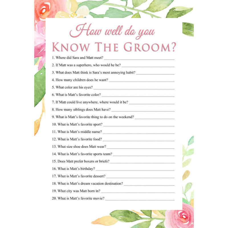 Personalized Printable How Well Do You Know The Groom Game - Floral