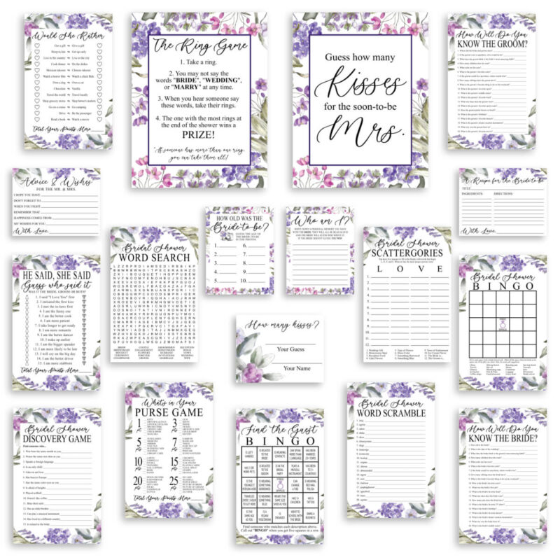 Lavender Floral Printable Bridal Shower Games Flat Lay