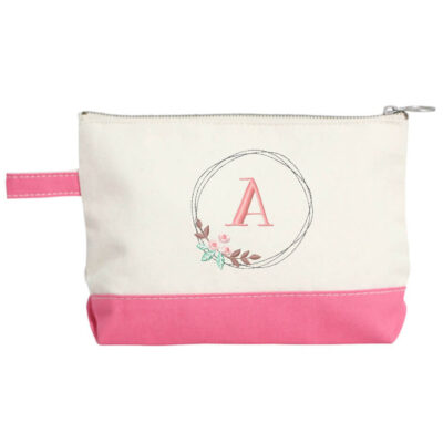 Canvas Makeup Bag with Floral Wreath Monogram