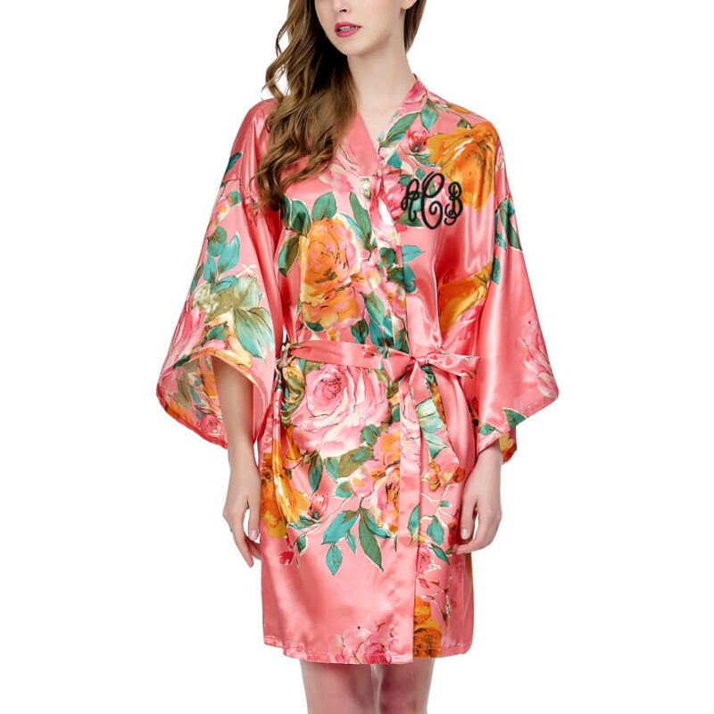 Monogrammed Watercolor Floral Satin Robe