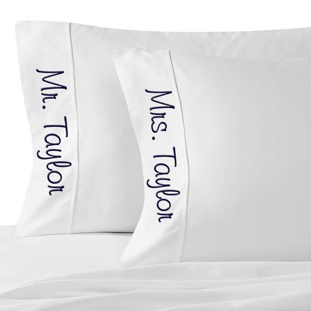 PERSONALISED MR & MRS WHITE WEDDING GIFT PILLOW CASES *EMBROIDERED NAME & DATE