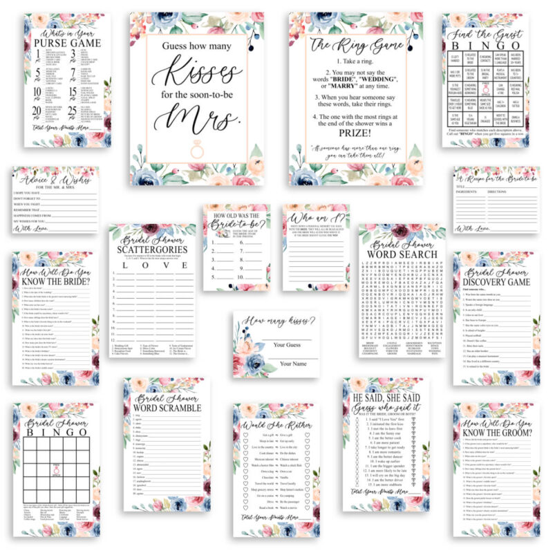 Multicolor Floral Printable Bridal Shower Games Flat Lay