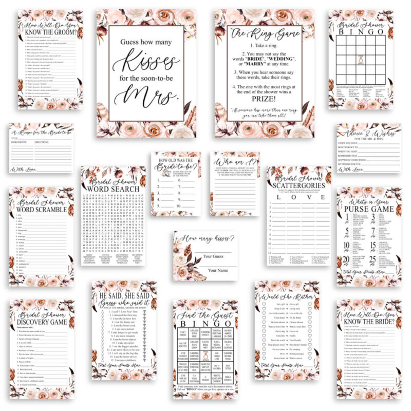 Boho Floral Printable Bridal Shower Games Bundle Flatlay