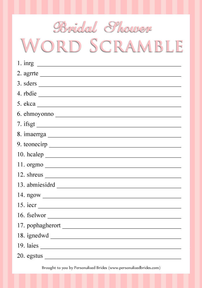 Bridal Shower Word Scramble - Pink Stripe