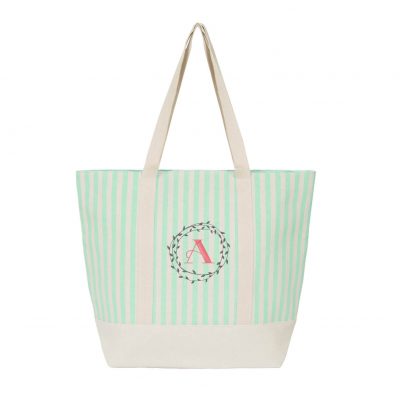 Striped Canvas Tote Bag Wreath Monogram