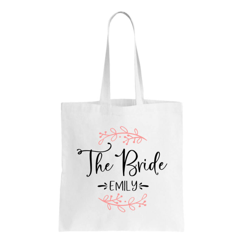 "The Bride" Canvas Tote Bag with Name & Branches