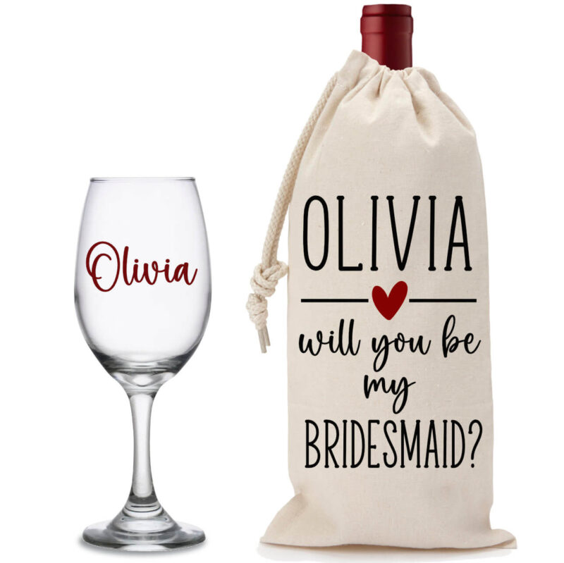 Will you be my Bridesmaid Wine Glass and Wine Bag Set with Hearts