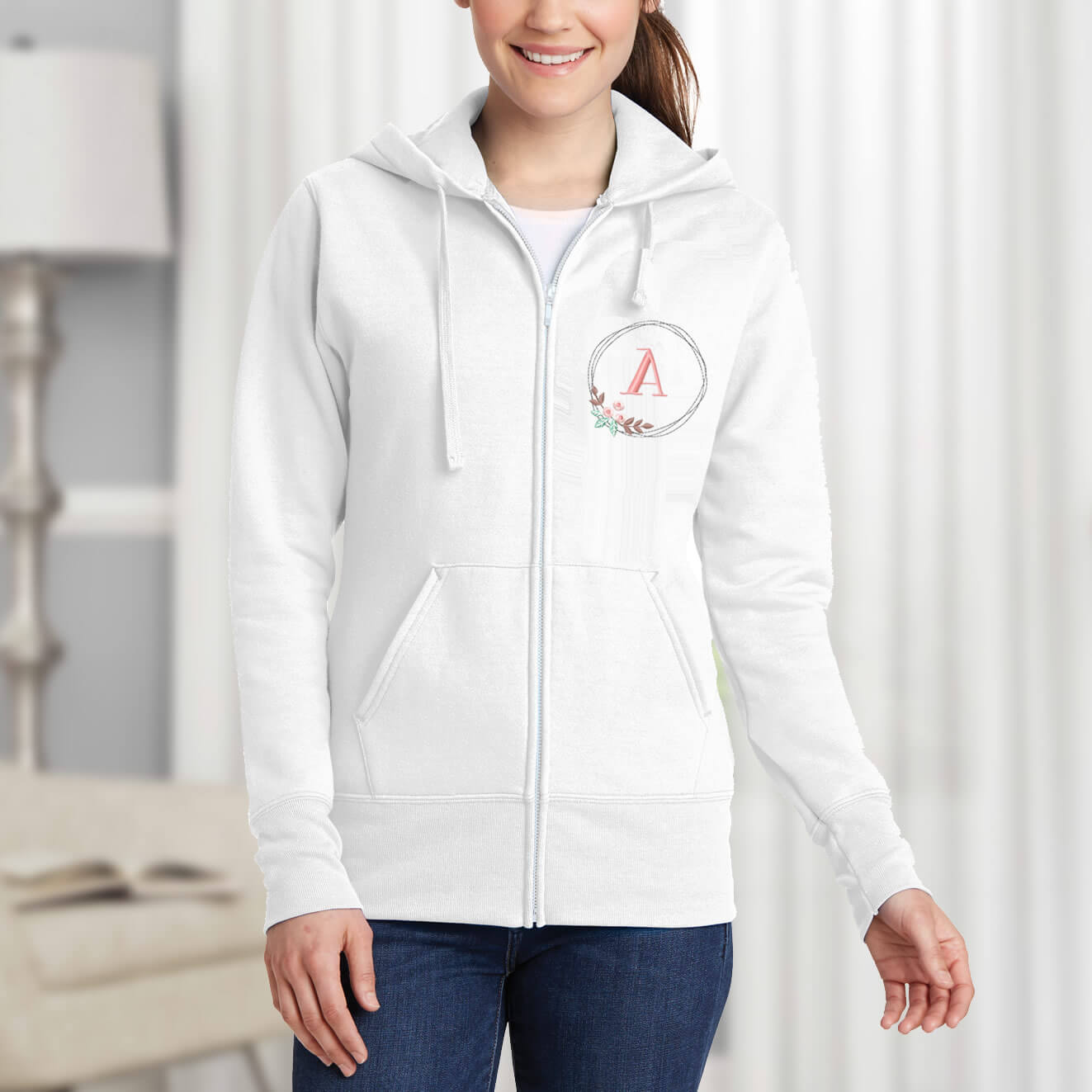 Full-Zip Hoodie with Floral Wreath Monogram - Personalized Brides